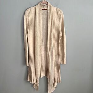 Women’s large neutral beige pleated accent open front waterfall cardigan